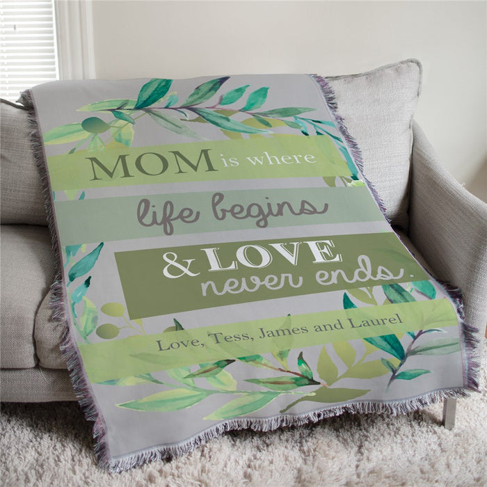 Mom Is Where Life Begins Colorful Floral Personalized Afghan Throw - Bright Floral Mom Gift Blanket - Way Up Gifts
