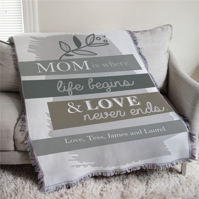Mom Is Where Life Begins Muted Floral Personalized Afghan Throw - Sentimental Mom Gift - Floral Design Blanket - Way Up Gifts