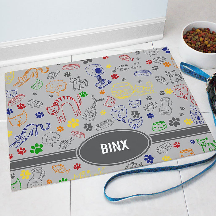 Cat Doodle Personalized Pet Mat - Custom Feeding Rug - Way Up Gifts