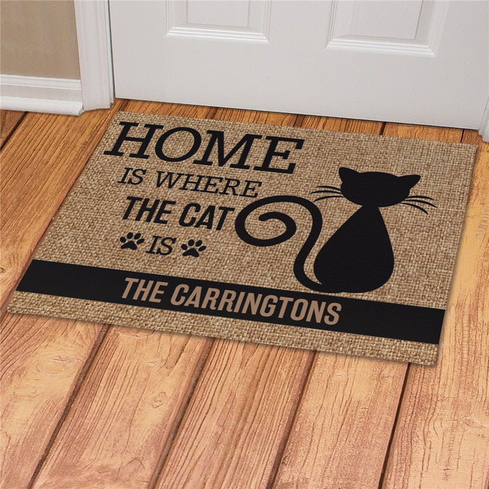 Home Is Where the Cat Is Personalized Doormat - Custom Pet Welcome Mat - Way Up Gifts