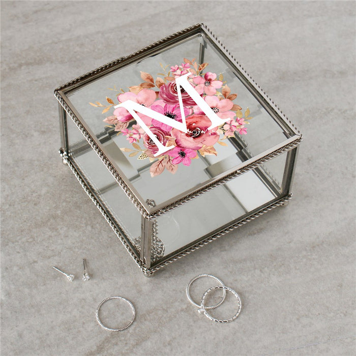 Personalized Pink Floral Initial Glass Jewelry Box - Custom Initial Box - Way Up Gifts