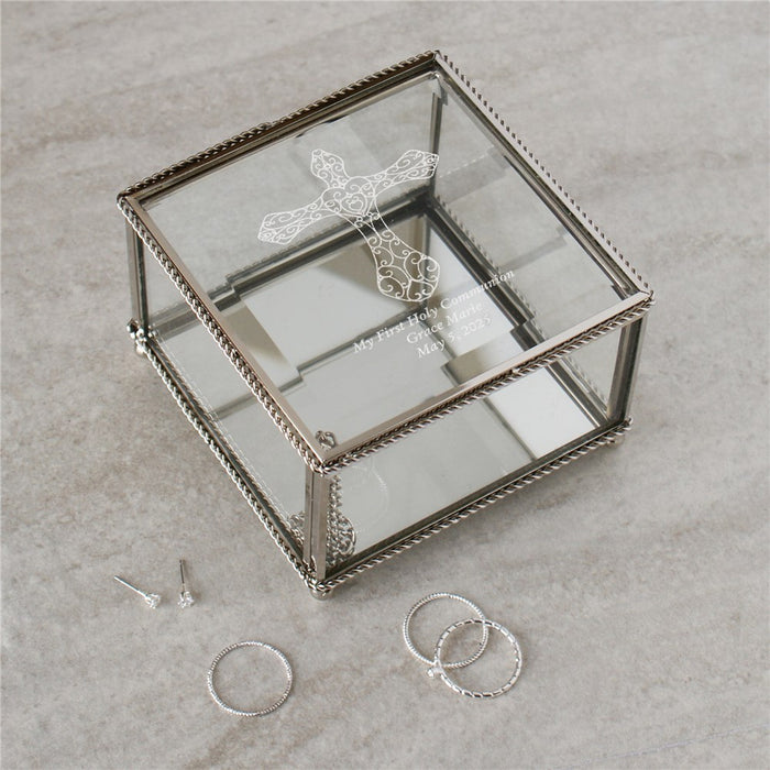 Engraved Cross Glass Jewelry Box - Custom Religious Gift Box - Way Up Gifts