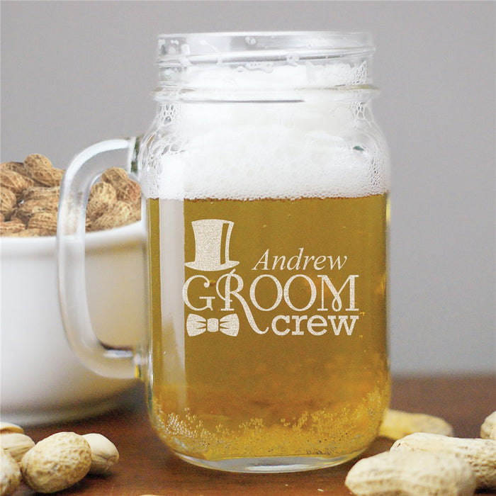 Groom Crew Mason Jar - Engraved Groomsmen Drinkware - Way Up Gifts