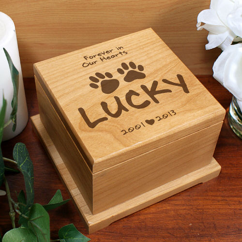 Personalized Engraved Wooden Pet Memorial Urn – Forever in Our Hearts Paw Print Design - Way Up Gifts