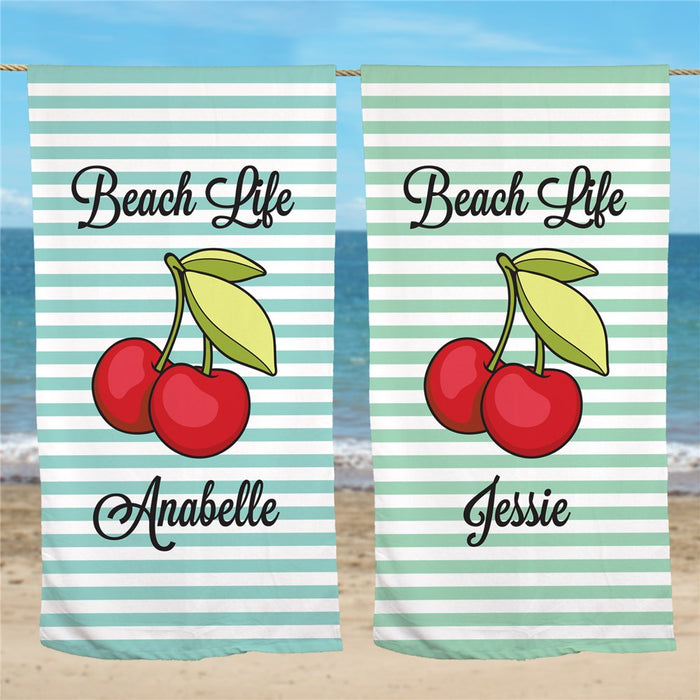 Cherry Stripe Personalized Beach Towel - Summer Fun Design - Way Up Gifts