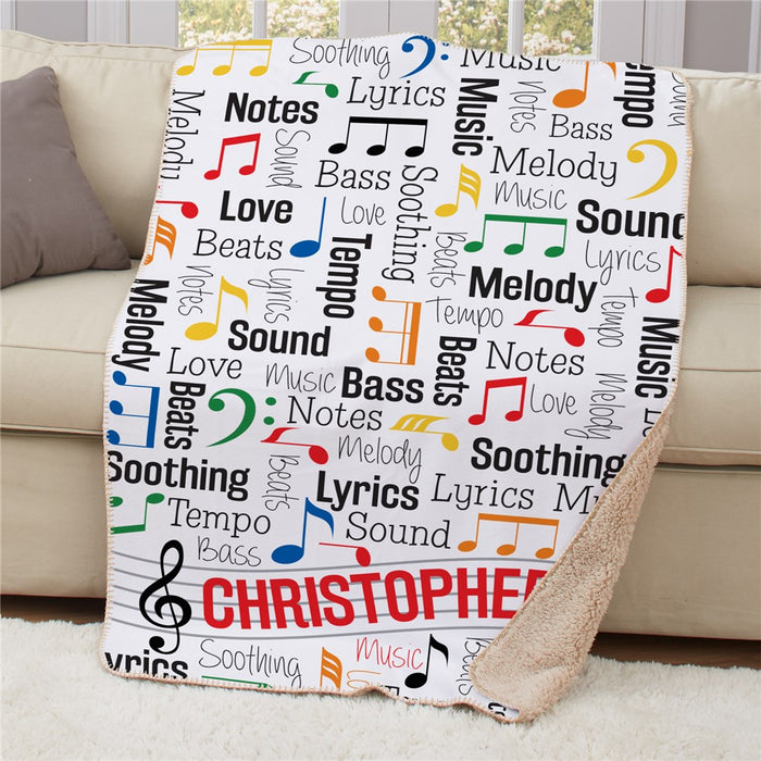 Personalized Music Notes Word Art Sherpa Blanket - Custom Musical Theme Throw - Way Up Gifts