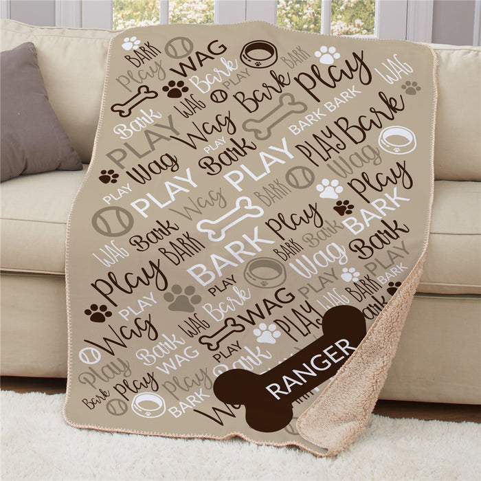 Personalized Bark Wag Play Pet Word Art Sherpa Blanket - Dog Lover Word Art Blanket - Way Up Gifts