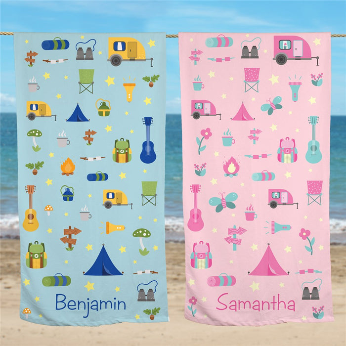 Camping Icons Personalized Outdoor Beach Towel - Way Up Gifts