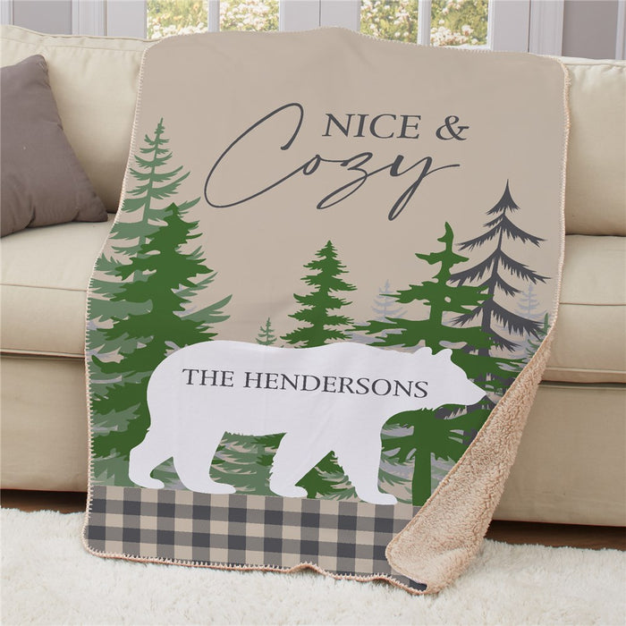 Personalized Bear and Plaid Cozy Sherpa Blanket - Winter Woodland Blanket - Way Up Gifts
