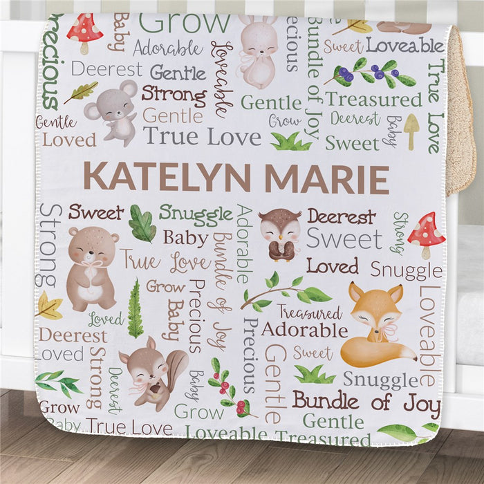 Personalized Woodland Creature Word Art Baby Sherpa Blanket 30" x 40" - Forest Theme Infant Throw - Way Up Gifts