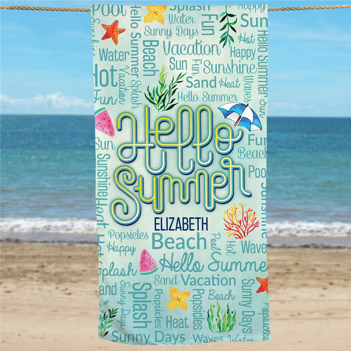 Watercolor Icons Hello Summer Beach Towel - Personalized - Way Up Gifts