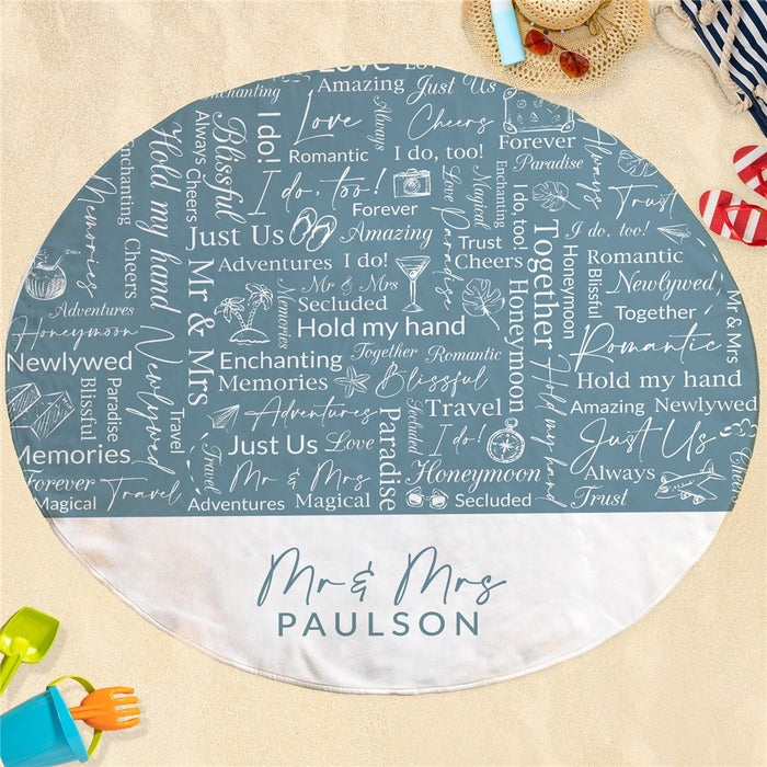 Round Mr & Mrs Light Blue Honeymoon Word Art Beach Towel - Way Up Gifts