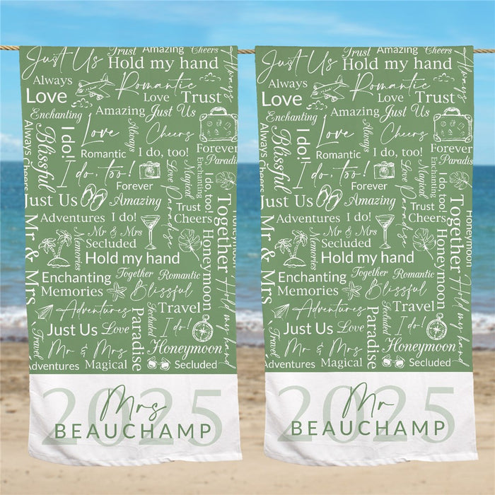Honeymoon Year Green Word Art Mr or Mrs Couples Beach Towel - Way Up Gifts