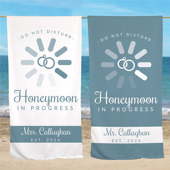 Honeymoon in Progress Beach Towel - Custom Name & Date (White or Light Blue) - Way Up Gifts