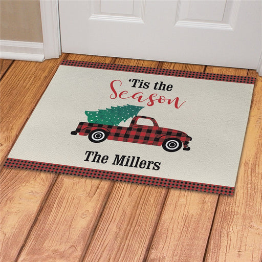 Tis the Season Gingham Truck Personalized Doormat - Custom Holiday Entry Mat - Way Up Gifts