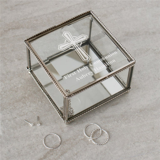Engraved Cross First Communion Glass Jewelry Box - Custom Gift - Way Up Gifts
