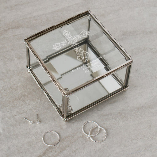 Engraved Cross Glass Jewelry Box - Custom Religious Gift Box - Way Up Gifts