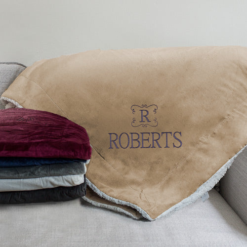 Embroidered Family Name & Initial Sherpa Blanket - Custom Family Name & Initial Embroidered Sherpa Throw - Personalized Cozy Blanket - Way Up Gifts