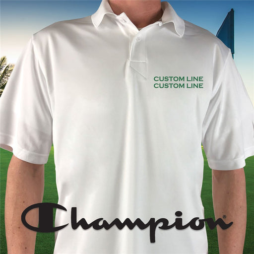 Custom Embroidered Champion White Polo – Personalized 2-Line Text with Green Thread - Way Up Gifts