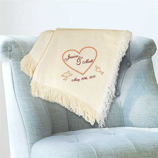 Embroidered Heart With Dove On Both Sides Throw Blanket - Romantic Embroidered Dove Heart Blanket - Cozy Decorative Throw - Way Up Gifts