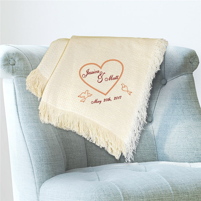 Embroidered Heart With Dove On Both Sides Throw Blanket - Romantic Embroidered Dove Heart Blanket - Cozy Decorative Throw - Way Up Gifts