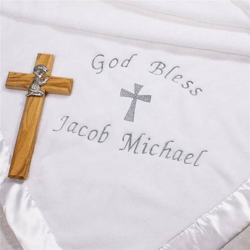 Embroidered Christening Blanket - Personalized Baptism Fleece Blanket - Custom Baby Christening Gift - Way Up Gifts