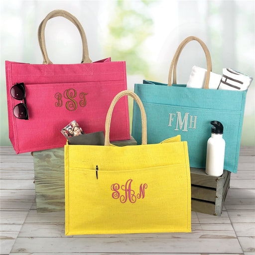Personalized Jute Tote Bag with Monogram – 3 Initials Pocket Tote - Way Up Gifts