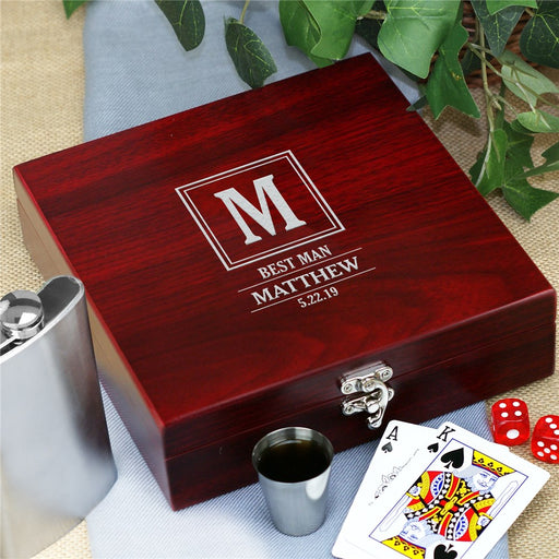 Personalized Groomsmen Flask Set – Frame Initial Gift Box with Poker Cards & Dice - Way Up Gifts