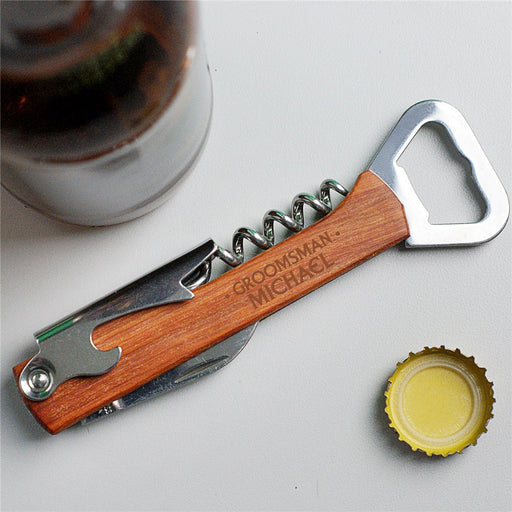 Engraved Groomsmen Wooden Bottle and Wine Opener - Way Up Gifts