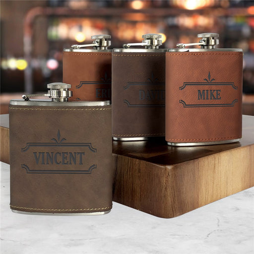 Engraved Leatherette Flask - Ornate Border with Name - Way Up Gifts