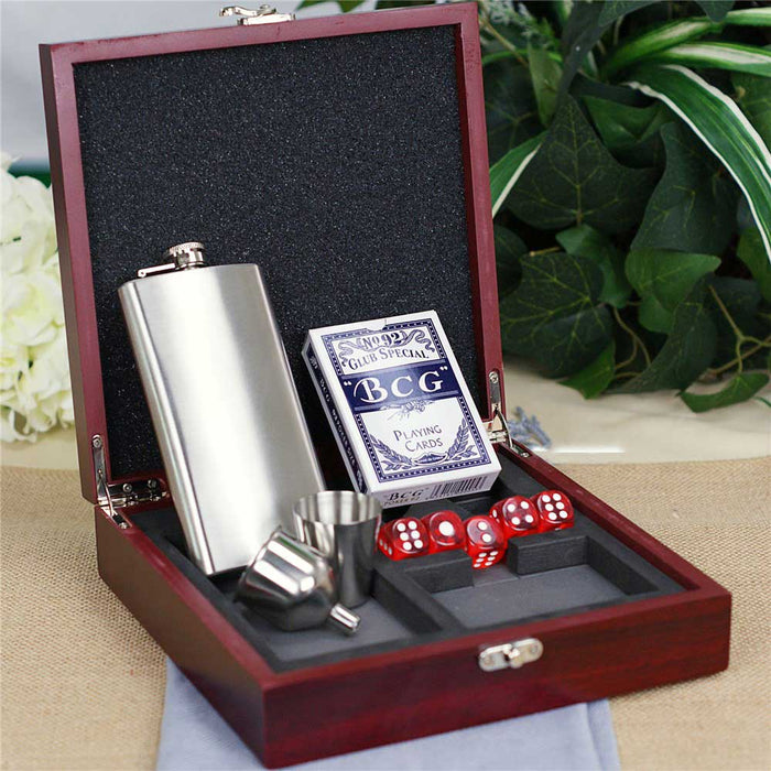 Personalized Groomsmen Flask Set – Frame Initial Gift Box with Poker Cards & Dice - Way Up Gifts