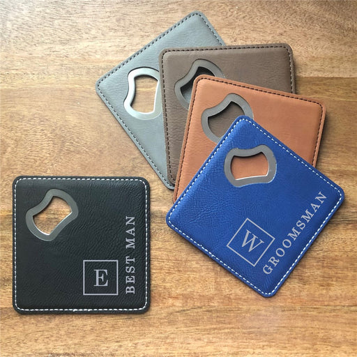 Engraved Bottle Opener Coaster - Groomsmen Gift with Initial - Way Up Gifts