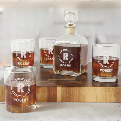Engraved Whiskey Decanter Set for Groomsmen - Circular Lines Design - Way Up Gifts