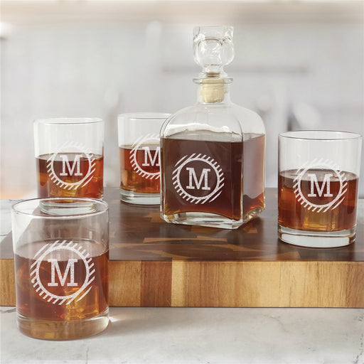 Custom Whiskey Decanter Glass Set - Groomsmen Gift with Striped Circle Design - Way Up Gifts