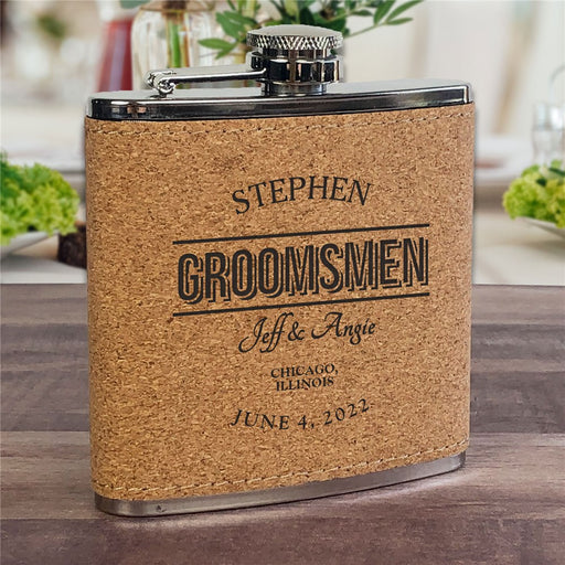 Custom Cork Flask - Groomsmen Gift with Name & Wedding Date - Way Up Gifts