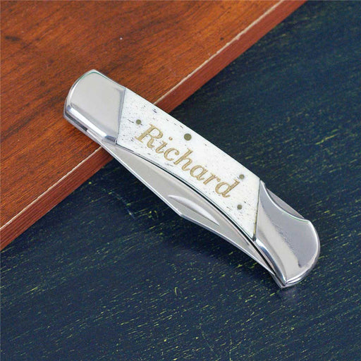 Custom Engraved White Bone Folding Knife - Groomsmen Gift - Way Up Gifts