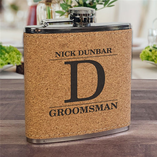 Engraved Groomsmen Cork Flask - Personalized with Name & Initial - Way Up Gifts