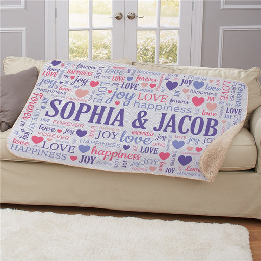 Personalized Word Art Hearts Sherpa Blanket - Romantic Heart Word Cloud Throw - Way Up Gifts