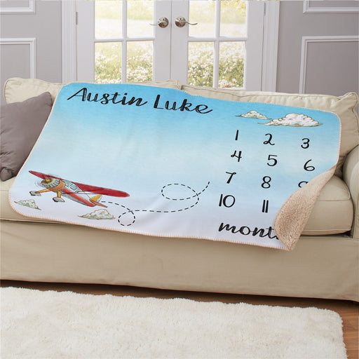 Personalized Airplane Baby Monthly Milestone 50X60 Sherpa Blanket - Travel Themed Baby Growth Blanket - Way Up Gifts