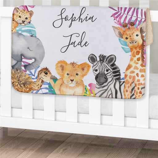 Personalized Wild Animals Baby Girl Blanket - Safari Theme Baby Blanket for Girls - Way Up Gifts