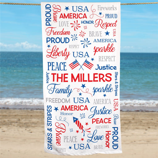 Fourth of July Word Art Custom Beach Towel - Way Up Gifts