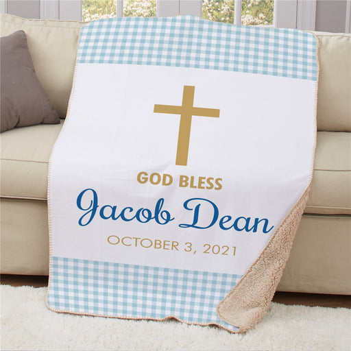Personalized Baptism Gingham Sherpa Blanket - Religious Baptism Gift Blanket - Way Up Gifts