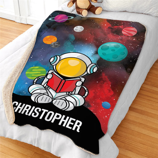 Personalized Astronaut With Book Sherpa Blanket - Kids Space Themed Blanket - Way Up Gifts