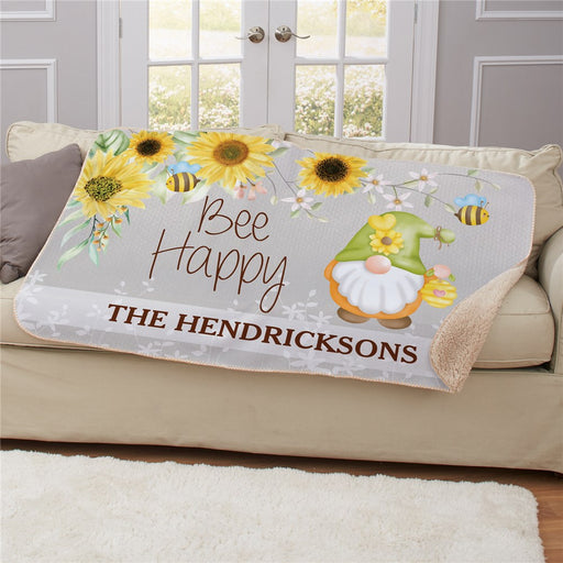 Personalized Bee Happy Gnome 50X60 Sherpa Blanket - Large Gnome Throw Blanket - Way Up Gifts