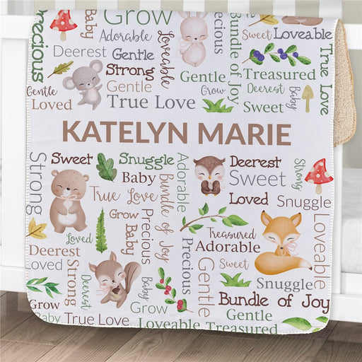 Personalized Woodland Creature Word Art Baby Sherpa Blanket 30" x 40" - Forest Theme Infant Throw - Way Up Gifts