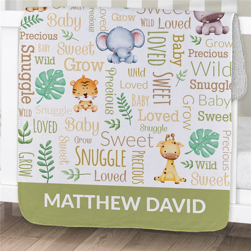 Personalized Baby Jungle Static Word Art 30" X 40" Sherpa Lined Baby Blanket - Jungle Animal Baby Blanket - Way Up Gifts