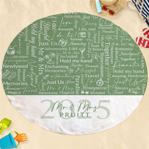 Honeymoon Green Word Art Round Beach Towel - Personalized - Way Up Gifts