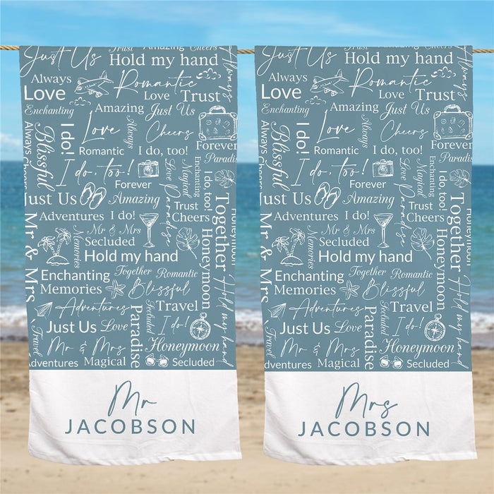 Light Blue Honeymoon Mr or Mrs Word Art Couples Beach Towel - Way Up Gifts