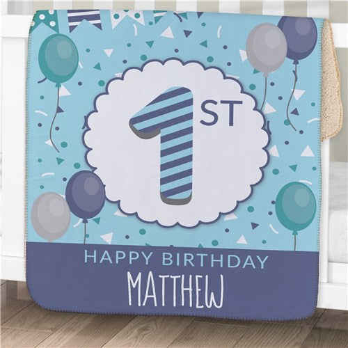 Personalized 1st Birthday With Bunting Baby Blanket - Milestone Birthday Gift - Custom Baby Throw - Way Up Gifts