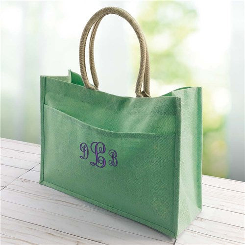 Personalized Jute Tote Bag with Monogram – 3 Initials Pocket Tote - Way Up Gifts